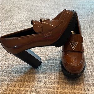 Guess Brown Patent Leather Loafers with 4” Clog Heel